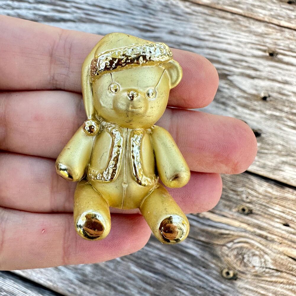 Vintage Gold Tone Bear Brooch, Sleepy Bear with Hat Pin